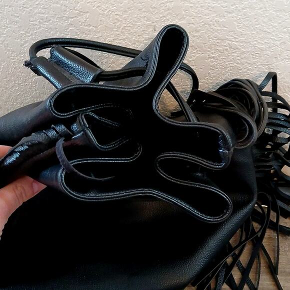 Victoria's Secret Black Faux Leather Bucket Backpack With Fringe - Picture 7 of 8
